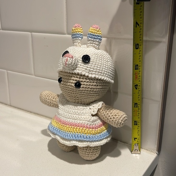 Handcrafted Doll in Bunny Rabbit Dress Easter Holiday Decor Crochet Toy Spring - Picture 10 of 12